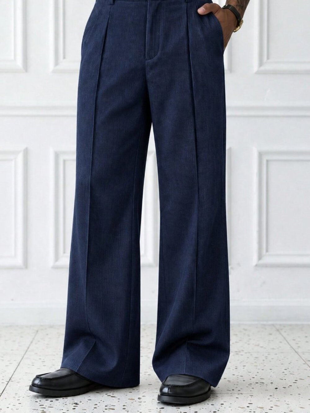 Blue Casual Minimalist Men's Loose Fit Corduroy Dress Pants